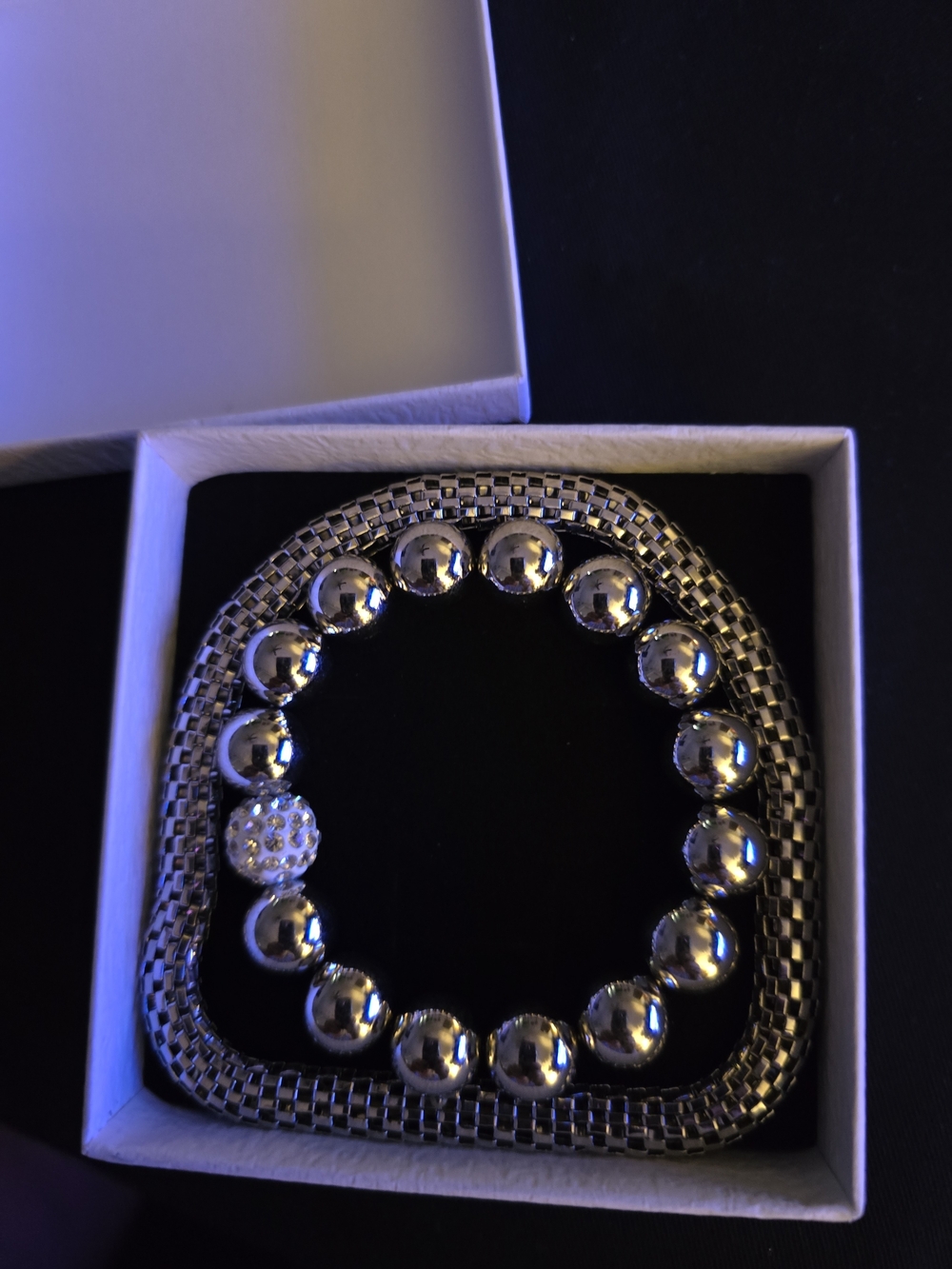 Silver Bead Stretch Bracelet with Mesh Slip On Bracelet - Silver